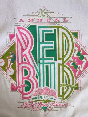 2014 White Red Bud Classic Tee with Pink & Green Bold Red Bud Graphic